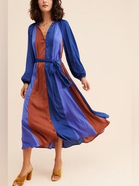 ANTHROPOLOGIE / MAEVE COLORBLOCKED MIDI DRESS IN BLUE AND BROWN small